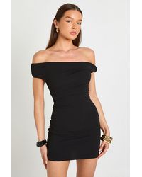 Boohoo - Jersey Crepe Bardot Ruched Waist Mini Dress - Lyst