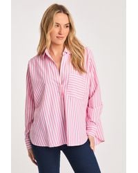 French Connection - Cotton Blend Relaxed-Fit Long Sleeve Striped Popover High-Low Hem Shirt - Lyst