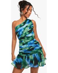 Boohoo - Abstract Printed Ruched One Shoulder Mini Dress - Lyst