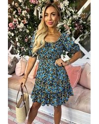 AX Paris - Floral Printed Puff Sleeve Frill Hem Mini Dress - Lyst