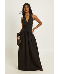 Boohoo - Cotton Poplin Halter Neck Front Gathered Seam Skater Midaxi Dress - Lyst