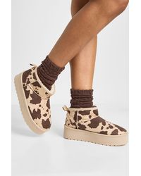 Boohoo - Platform Cow Print Cosy Boots - Lyst