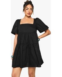 Boohoo - Cotton Poplin Puff Sleeve Tiered Mini Dress - Lyst