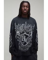 BoohooMAN - Oversized Gothic Emblem Print Spray Wash Long Sleeve T-Shirt Cotton - Lyst