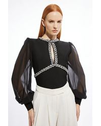 Karen Millen - Bandage Embellished And Chiffon Sleeve Figure Form Knit Top - Lyst