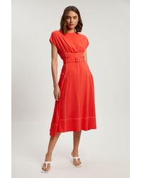 Karen Millen - Contrast Topstitch Belted Midi Dress - Lyst