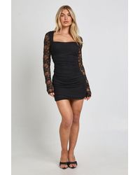 Boohoo - Lace Sleeve Square Neck Bodycon Dress - Lyst