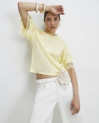 River Island - T-Shirt Cotton Crochet Trim - Lyst