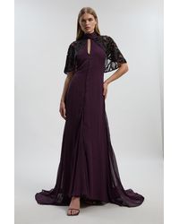 Karen Millen - Crystal Embellished Cutwork Cape Detail Woven Maxi Dress - Lyst