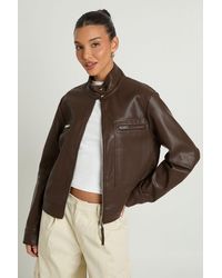 Boohoo - Faux Leather Button Up Collar Zip Pocket Jacket - Lyst