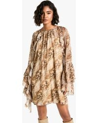 Boohoo - Tall Snake Ruffle Flare Sleeve Mini Shift Dress - Lyst