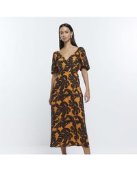 River Island - Wrap Midi Dress Orange Leaf Print Viscose - Lyst