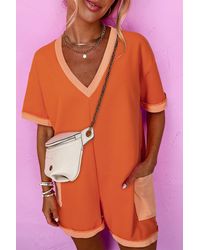 Azura Exchange - Russet Two-Tone Short Sleeve V Neck Patched Pocket Loose Romper - Lyst