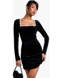 Boohoo - Velvet Pearl Trim Square Neck Structured Mini Dress - Lyst