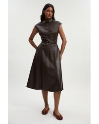 Karen Millen - Faux Leather Belted Midi Dress - Lyst