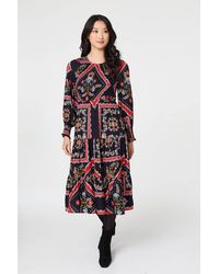 Izabel London - Printed Smocked Long Sleeve Midi Dress - Lyst