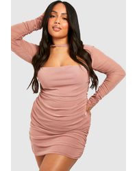 Boohoo - Plus Mesh Twist Detail Ruched Bodycon Dress - Lyst