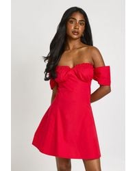 Boohoo - Ruched Bust Bardot Mini Dress - Lyst