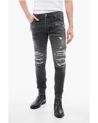 Balmain - Denim Broek Met Meerdere Zakken En Leren Biker-inzetstukken, Maat 1, Grijs - Lyst