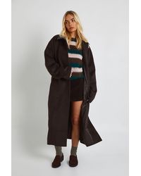 Boohoo - Tall Faux Leather Collar Longline Wool Look Coat - Lyst