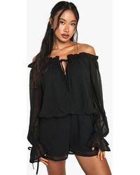 Boohoo - Chiffon Bardot Dropped Waist Romper - Lyst