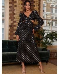 Chi Chi London - Long Sleeve Ruffle Detail Foil Spot Maxi Dress - Lyst
