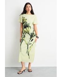 Warehouse - Placement Print Crinkle Satin Ruched Midi Dress - Lyst
