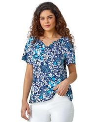 Roman - Textured Floral Print V-Neck Stretch T-Shirt - Lyst