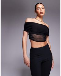 Missy Empire - Double Layered Slinky Mesh Detail Bardot Fold Over Top - Lyst