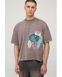 BoohooMAN - Washed Oversized Boxy Postcard Puff Print T-Shirt Cotton - Lyst
