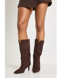 Boohoo - Faux Suede Low Stiletto Calf High Column Boots - Lyst