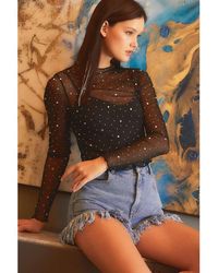 Azura Exchange - Rhinestone Sheer Mesh Slim Fit Long Sleeve Top - Lyst