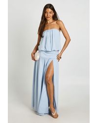 Boohoo - Chiffon Bandeau Blouson Ruched Drop Waist Maxi Dress - Lyst