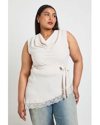 Boohoo - Plus Cowl Neck Tie Waist Lace Hem Asymmetric Top - Lyst
