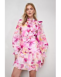 Oasis - Tie Neck Ruffle Fit And Flare Mini Dress - Lyst