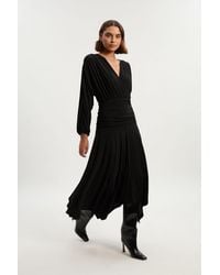 Karen Millen - Stretch Drapey Crepe Ruched Plunge Neck Batwing Sleeve Maxi Dress - Lyst