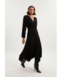 Karen Millen - Stretch Drapey Crepe Ruched Plunge Neck Batwing Sleeve Maxi Dress - Lyst