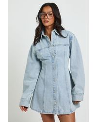 Boohoo - Petite Long Sleeve Cinched Waist Denim Dress - Lyst
