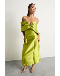 Warehouse - Petite Satin Twill Notch Front Bardot Midi Dress - Lyst