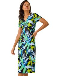 Roman - Leaf Print Twist Front Midi Dress - Lyst