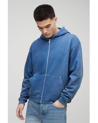 BoohooMAN - Oversized Boxy Zip Through Denim Wash Hoodie - Lyst