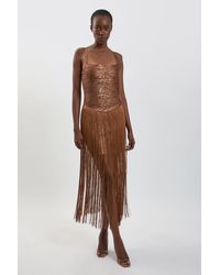 Karen Millen - Foil Metallic Figure Form Bandage Fringed Knit Maxi Dress - Lyst