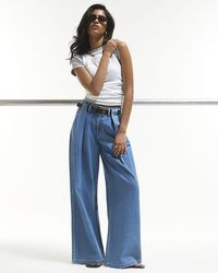 River Island - Wide Leg Jeans Belted Pleated Cotton - Lyst