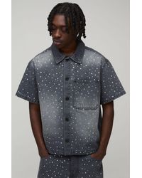 BoohooMAN - Washed Rhinestone Boxy Oversized Revere Denim Shirt - Lyst
