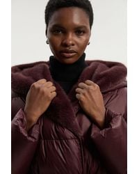 Karen Millen - Premium Faux Fur Lined Padded Hooded Belted Midi Coat - Lyst