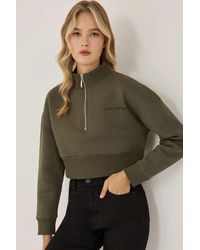 Hiccup - Zipper Collar Crop Slogan Sweatshirt - Lyst