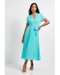 Wallis - Petite Lace Collarless Pleated Midi Dress - Lyst