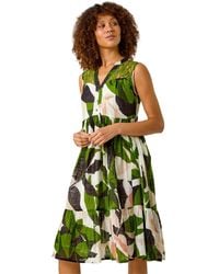 Roman - Leaf Print Tiered Smock Midi Dress - Lyst