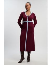 Karen Millen - Plus Size Knit Rib With Contrast Waist Detail Collared Midi Dress - Lyst