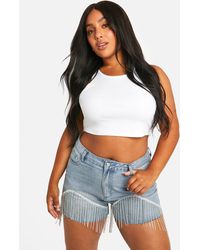Boohoo - Plus Diamante Trim Fray Hem Denim Shorts - Lyst